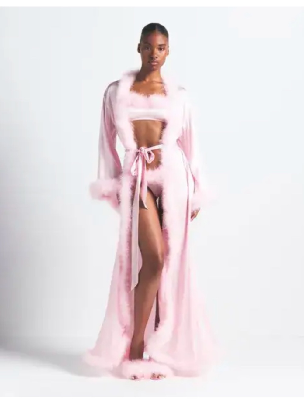 Skims Silk Feather Trim Long Robe- XS
